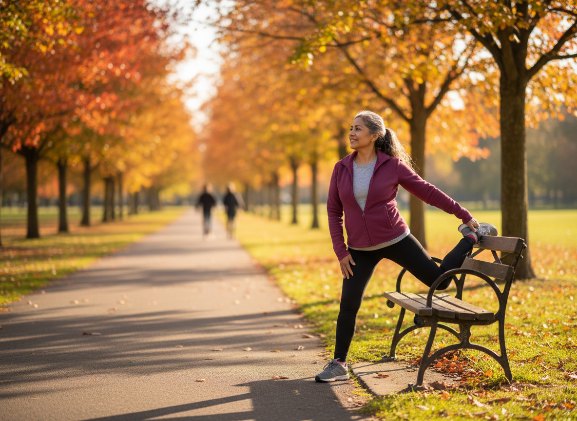 a realistic photo of a Latina woman in her 60s doing light outdoor fitness in autumn, walking and stretching in a park, comfortable activewear, natural candid editorial photography