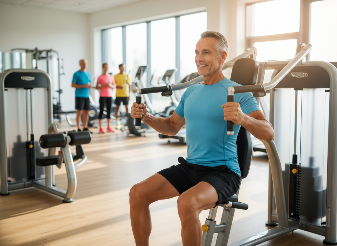 Natural editorial lifestyle photograph for a Well After 50 fitness article: an active man in his 60s doing a controlled strength-training exercise with a modern gym machine, realistic mature adult, confident but approachable, bright clean gym, subtle warm natural light, no text, no logos, no exaggerated bodybuilding physique, high-quality magazine photography, horizontal composition suitable for a WordPress featured image.