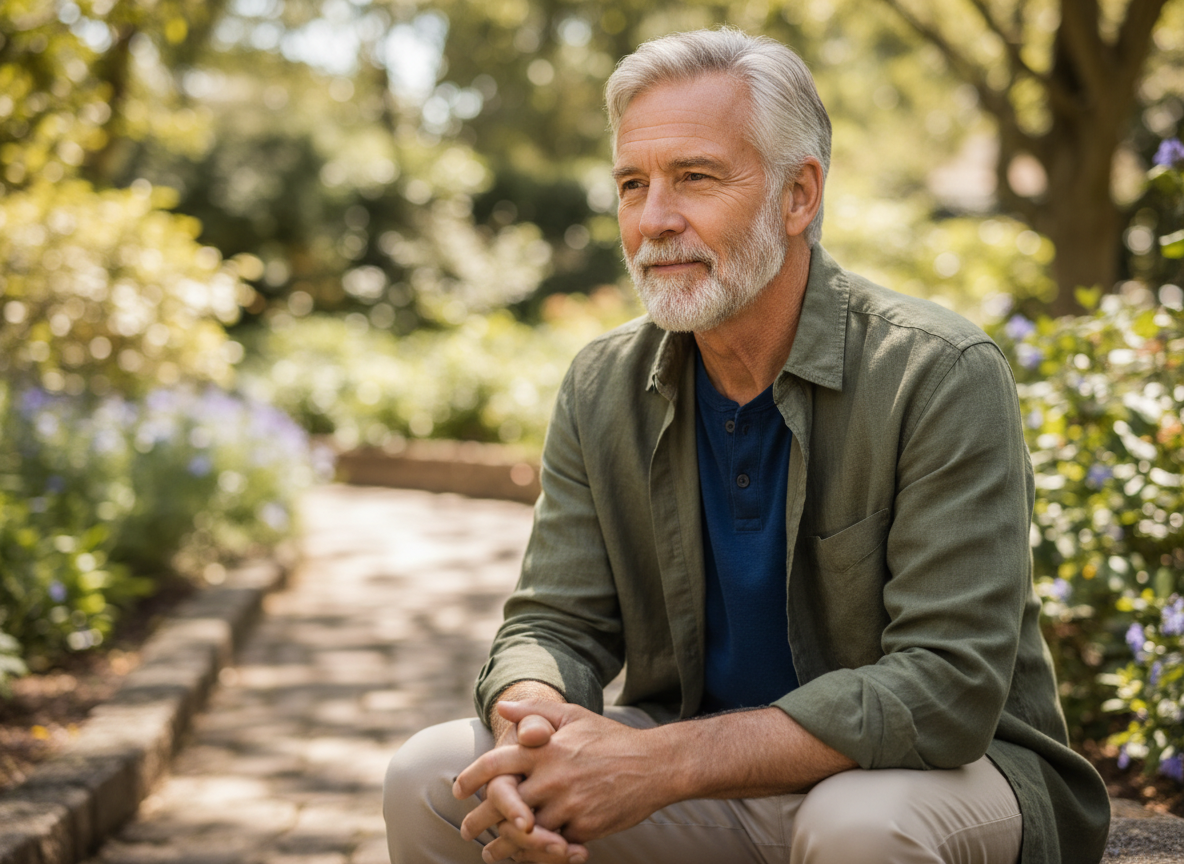Photorealistic editorial healthy-aging portrait for Well After 50: confident man in his 60s outdoors in natural light, casual clothes, healthy mature appearance, thoughtful relaxed expression, theme of aging well rather than looking young, horizontal 16:9, no text, no logos.