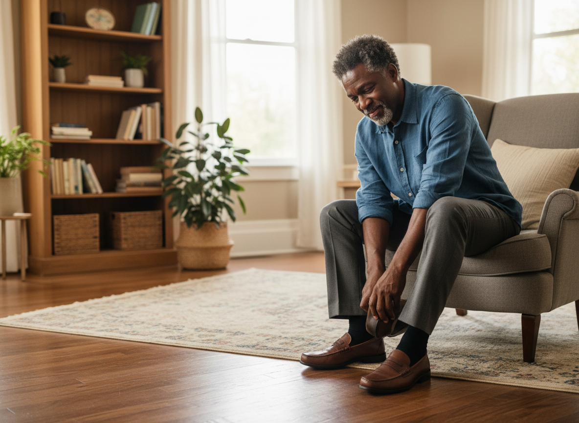 Photorealistic editorial lifestyle photograph for Well After 50. An older Black man in his early 60s at home sitting on the edge of a chair and comfortably putting on his shoes, showing the everyday challenge of reduced flexibility and mobility that many adults notice with age. Natural mature features, realistic body proportions, relaxed determined expression, ordinary attractive home, soft natural morning light, tasteful authentic photography, horizontal 16:9 composition, no text, no logos, no medical equipment, no exaggerated disability imagery.