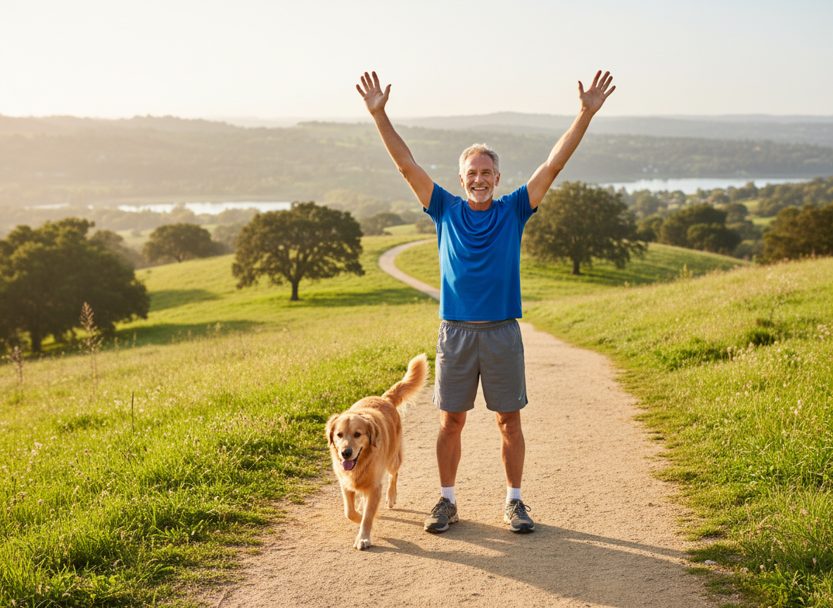 Photorealistic editorial photo for a healthy-aging website article about longevity: a confident mature man in his 60s enjoying an active healthy lifestyle outdoors, natural skin, casual athletic clothing, subtle wellness feeling, realistic candid photography, warm daylight, no text, no logos, horizontal composition suitable as a WordPress featured image.
