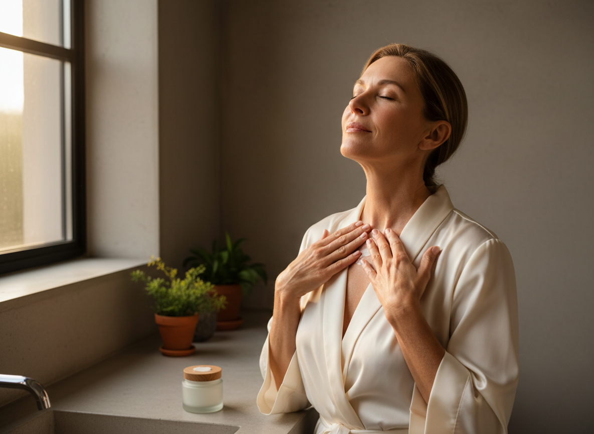 Photorealistic editorial skincare photograph for Well After 50: mature adult in their 50s or 60s applying moisturizer to the neck and upper chest, natural skin texture, tasteful bathroom, warm daylight, practical beauty care, horizontal 16:9, no text, no logos.