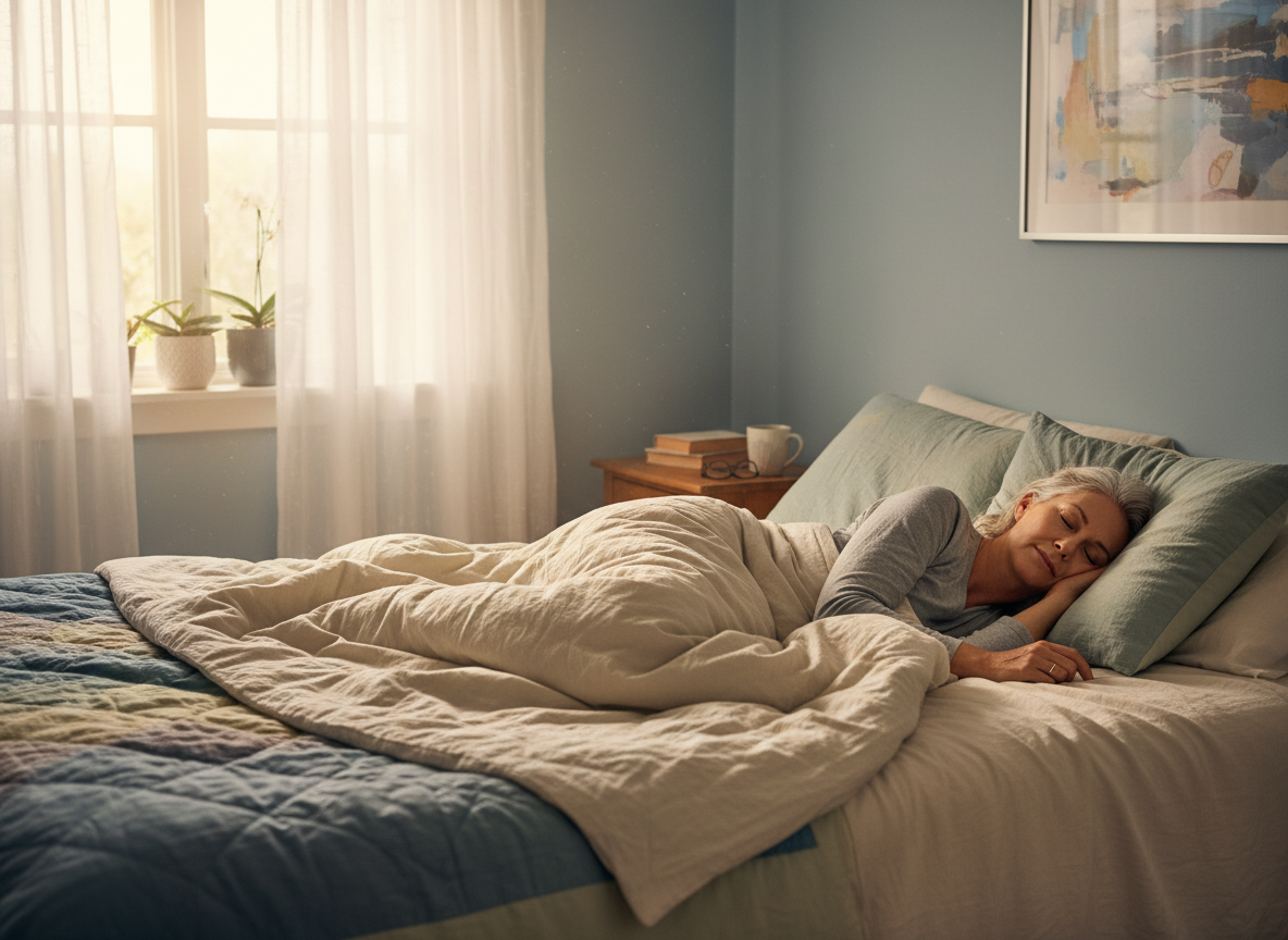 Photorealistic editorial wellness photograph for Well After 50: mature adult in their 50s or 60s sleeping peacefully in a comfortable bedroom with soft early-morning light, realistic ordinary home, restful recovery mood, horizontal 16:9, no text, no logos.