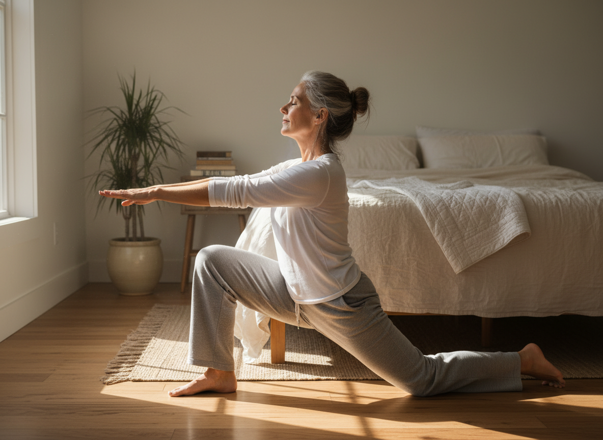 Photorealistic editorial wellness photograph for Well After 50: mature adult in their 50s or 60s gently stretching beside the bed in the morning, working through normal morning stiffness, natural home setting, soft sunlight, authentic not staged, horizontal 16:9, no text, no logos.