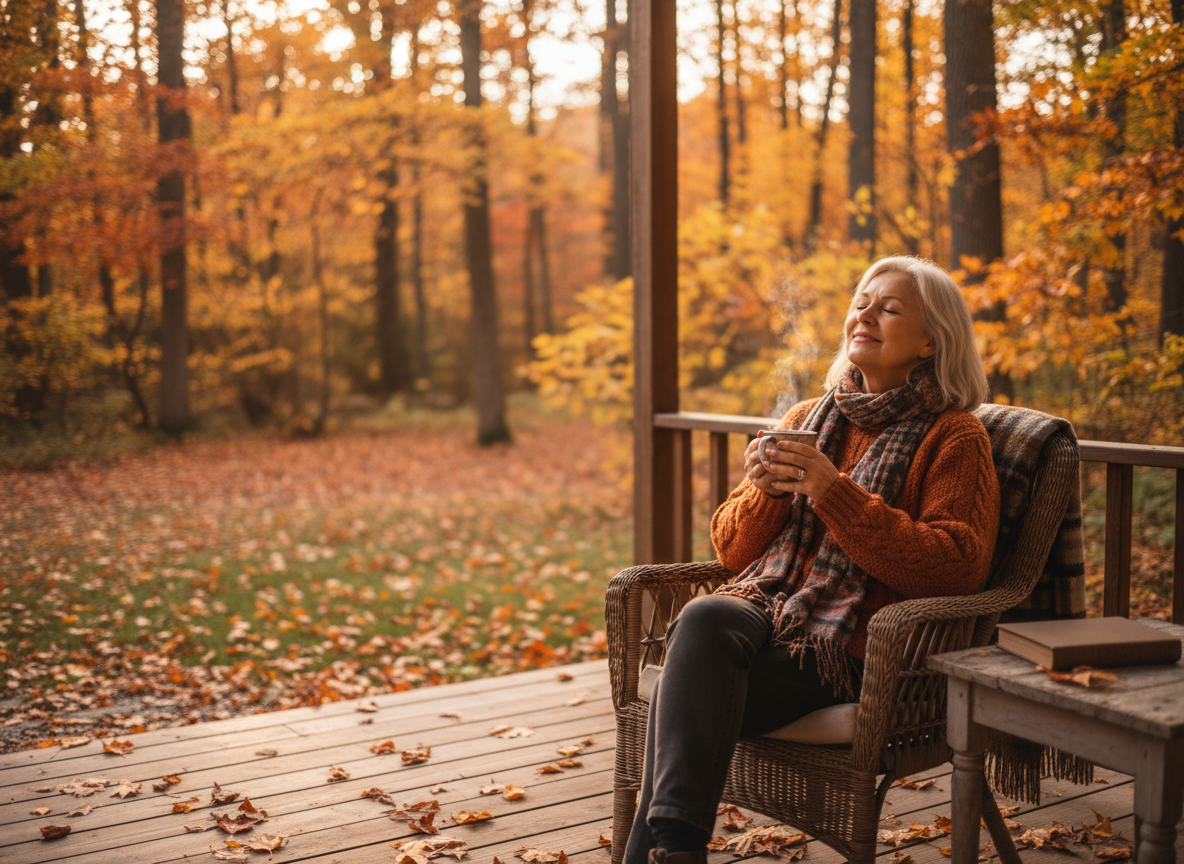 Older adult enjoying coffee on a porch on a peaceful fall afternoon.