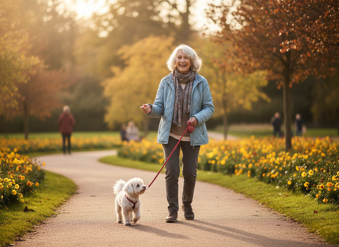 Warm candid photo of a happy senior woman walking outdoors with a small dog on a leash in a park, joyful, healthy aging lifestyle photo, natural light, no text