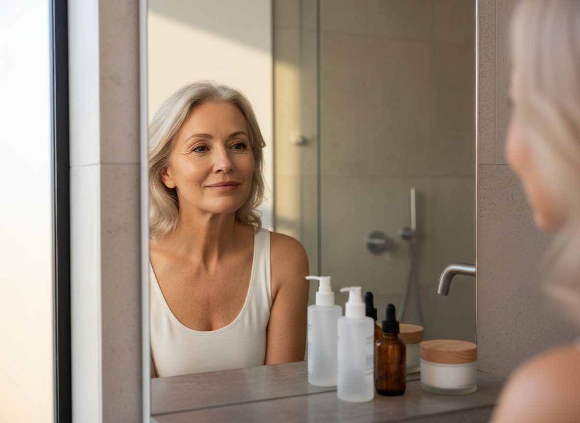 Warm portrait of a mature woman with glowing healthy skin looking in a mirror, minimalist bathroom with skincare bottles on the counter, soft natural light, editorial beauty photography, no text