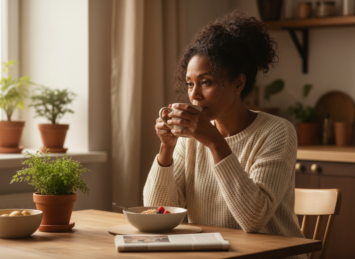 realistic editorial lifestyle photo of a Black woman in her late 50s sitting at a kitchen table in early morning light, looking a little tired but natural and healthy, authentic mature skin, no text, no logos