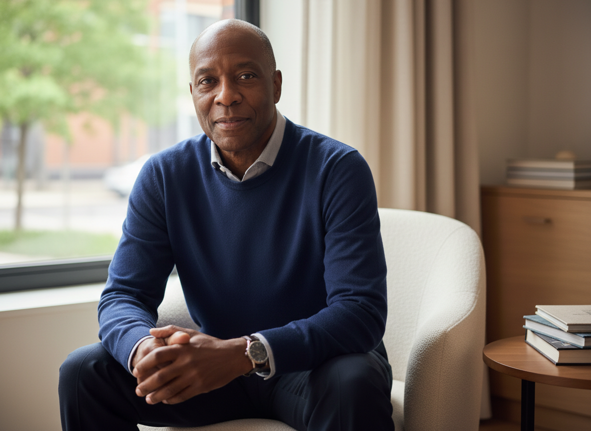 realistic editorial lifestyle photo of a Black man in his early 60s near a window in soft daylight, natural face and eyes, confident relaxed expression, authentic mature features, no text, no logos
