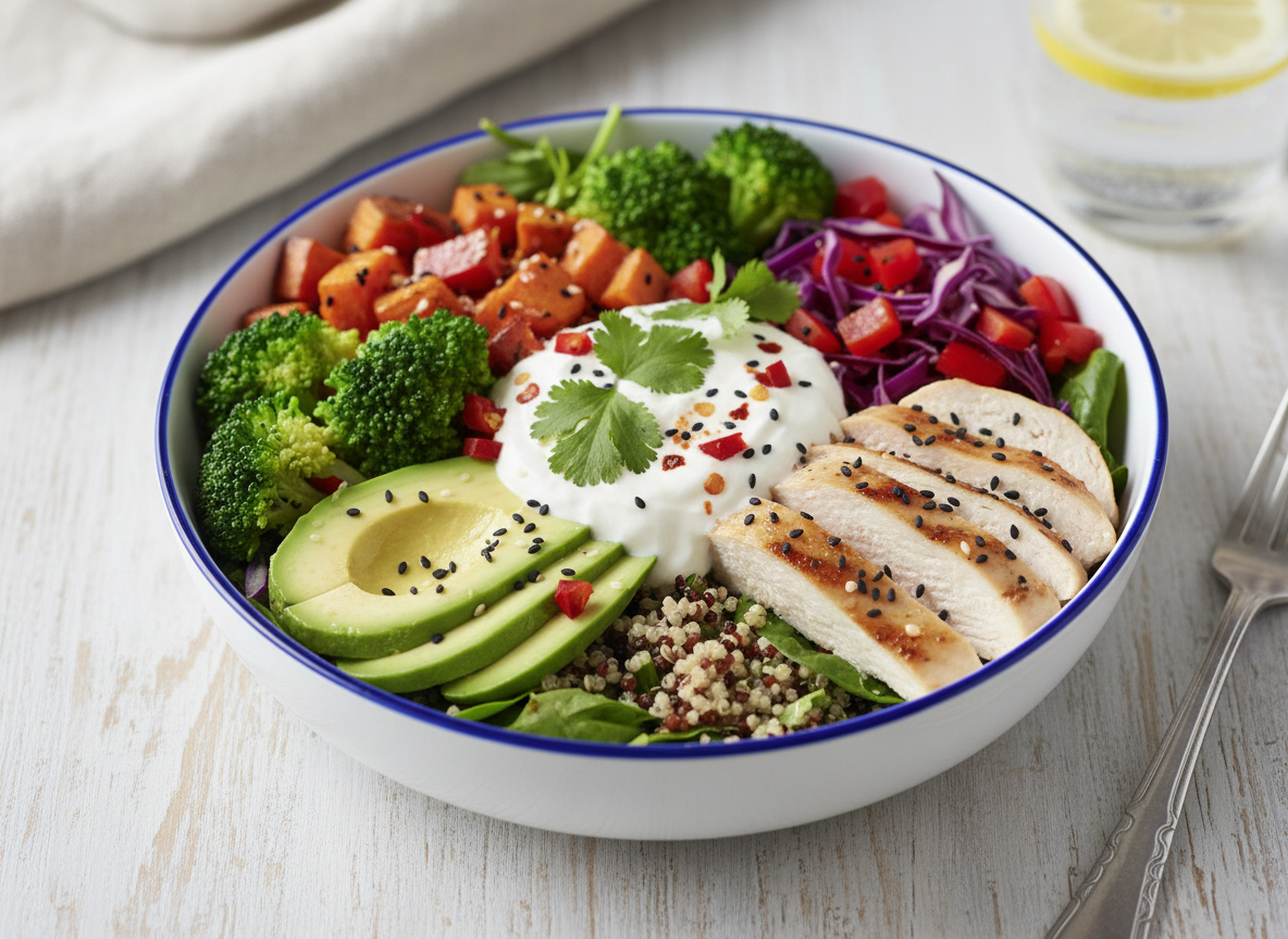 Colorful healthy meal bowl with fresh vegetables and protein, vibrant food photography, bright and appetizing