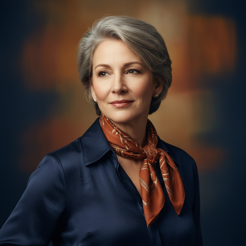 Confident thoughtful woman in her 50s smiling with quiet strength, warm portrait, editorial photography, deep navy and warm tones