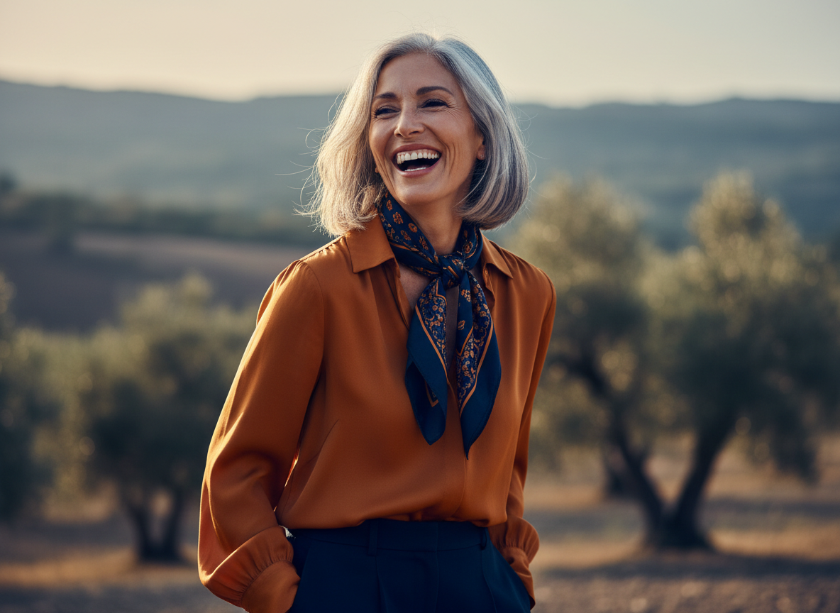 Cinematic editorial photograph of a confident, vibrant woman in her late 50s laughing outdoors in warm golden-hour light, natural silver-streaked hair, glowing healthy skin, deep navy and warm amber color grade, premium lifestyle magazine aesthetic, shallow depth of field, rich contrast
