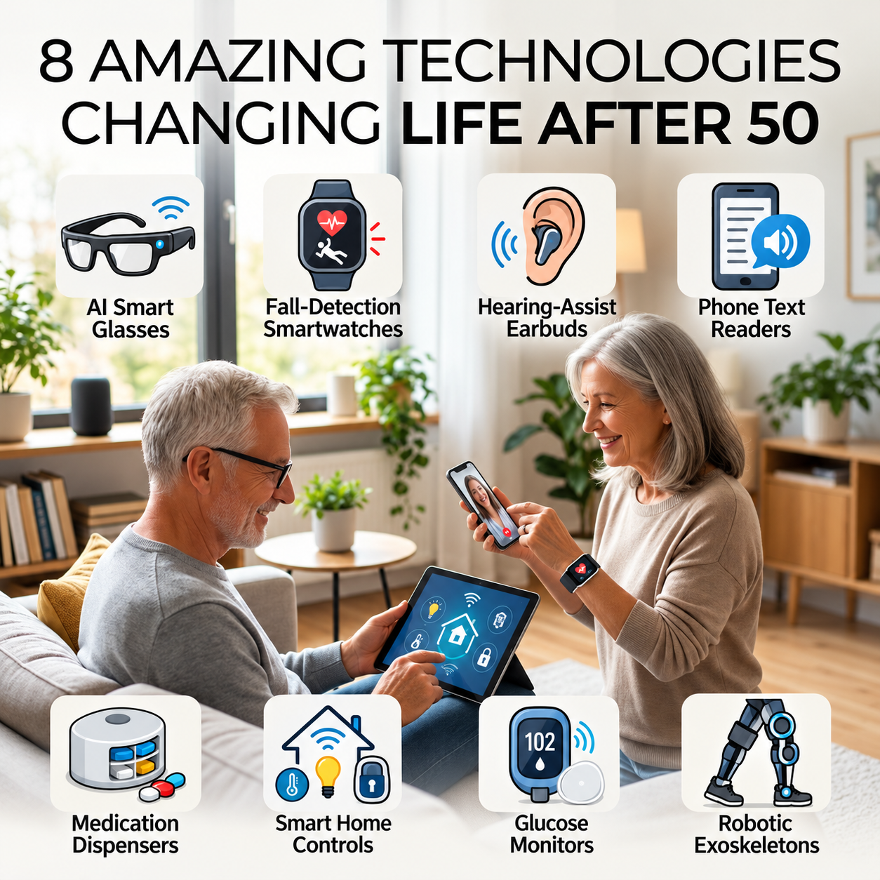 Eight technologies for life after 50, including AI smart glasses, hearing assistance, fall detection, medication dispensers, smart homes, glucose monitors, and robotic exoskeletons.