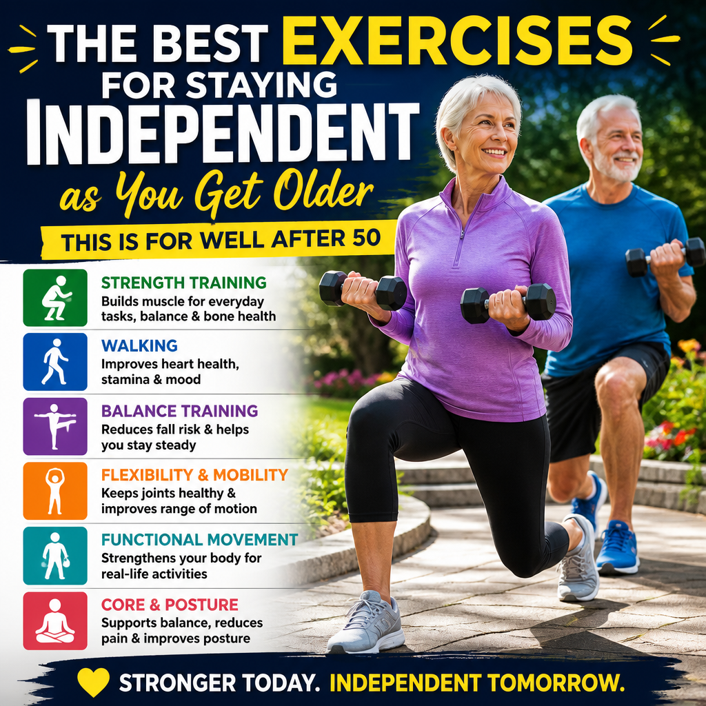 Poster text: THE BEST EXERCISES FOR STAYING INDEPENDENT as You Get Older; THIS IS FOR WELL AFTER 50; STRENGTH TRAINING—Builds muscle for everyday tasks, balance & bone health; WALKING—Improves heart health, stamina & mood; BALANCE TRAINING—Reduces fall risk & helps you stay steady; FLEXIBILITY & MOBILITY—Keeps joints healthy & improves range of motion; FUNCTIONAL MOVEMENT—Strengthens your body for real-life activities; CORE & POSTURE—Supports balance, reduces pain & improves posture; STRONGER TODAY. INDEPENDENT TOMORROW.
