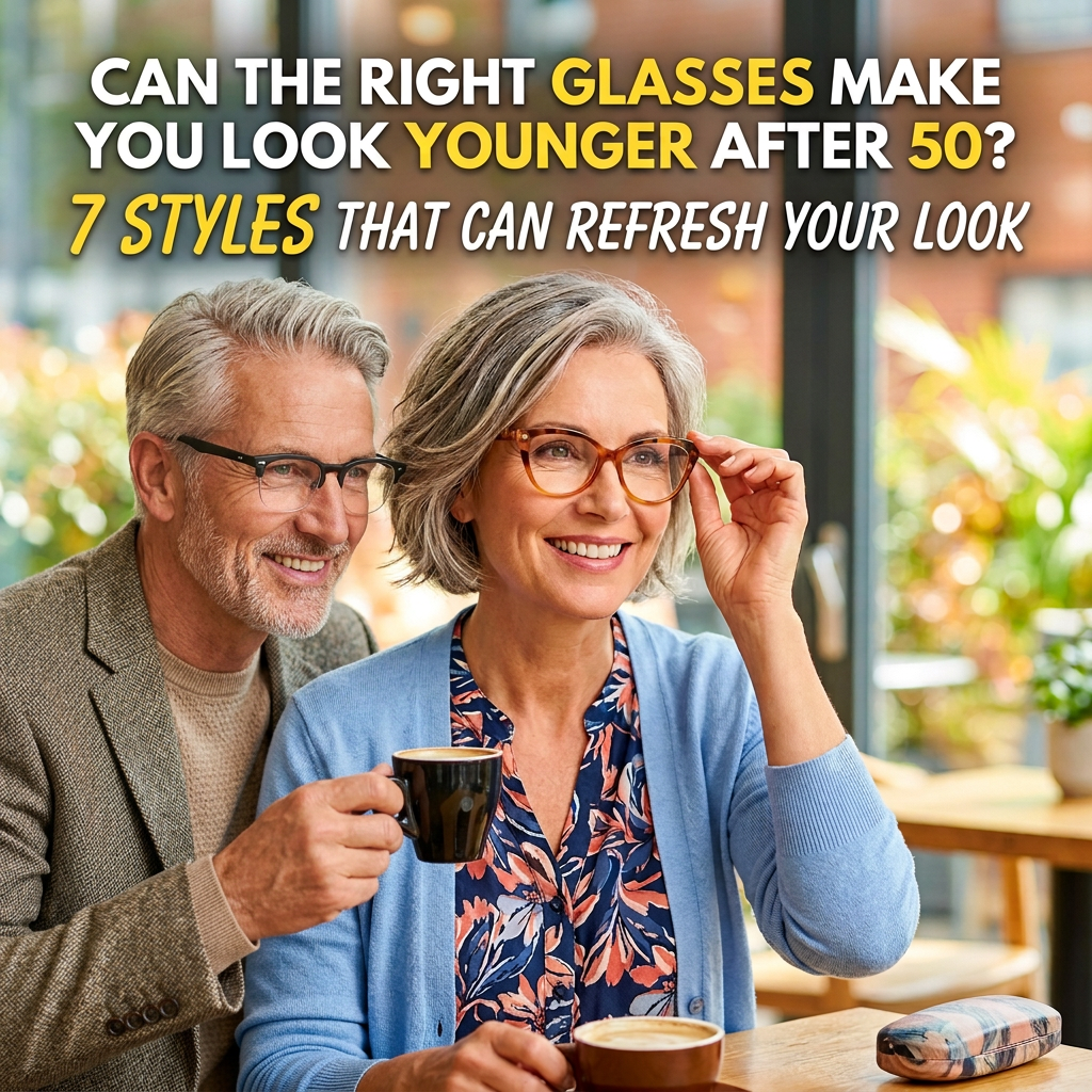 CAN THE RIGHT GLASSES MAKE YOU LOOK YOUNGER AFTER 50? 7 STYLES THAT CAN REFRESH YOUR LOOK. Smiling gray-haired woman adjusting brown glasses while holding a coffee cup.