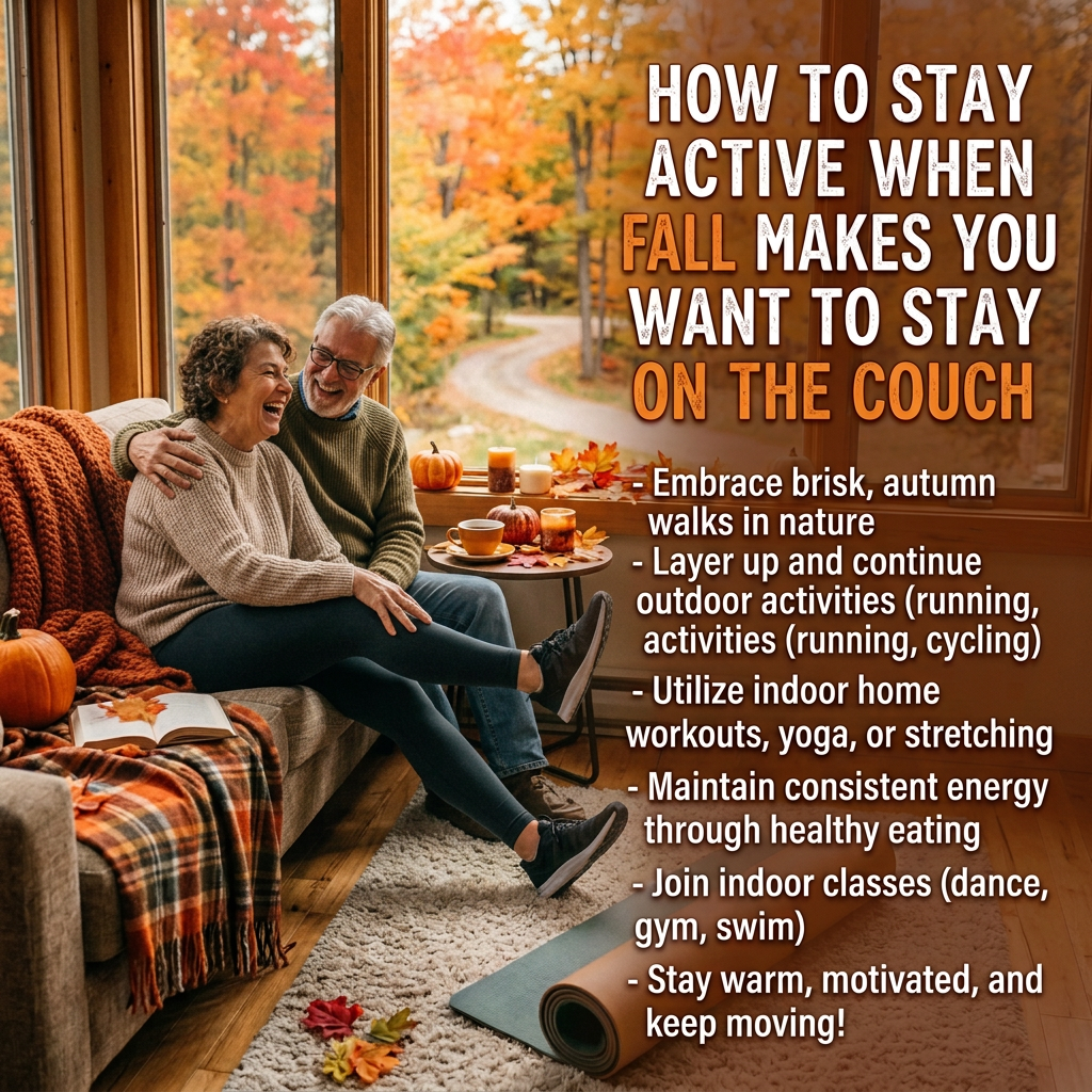 Text: HOW TO STAY ACTIVE WHEN FALL MAKES YOU WANT TO STAY ON THE COUCH; embrace brisk autumn walks, layer up for outdoor activities, use indoor workouts, eat healthily, join indoor classes, and keep moving.