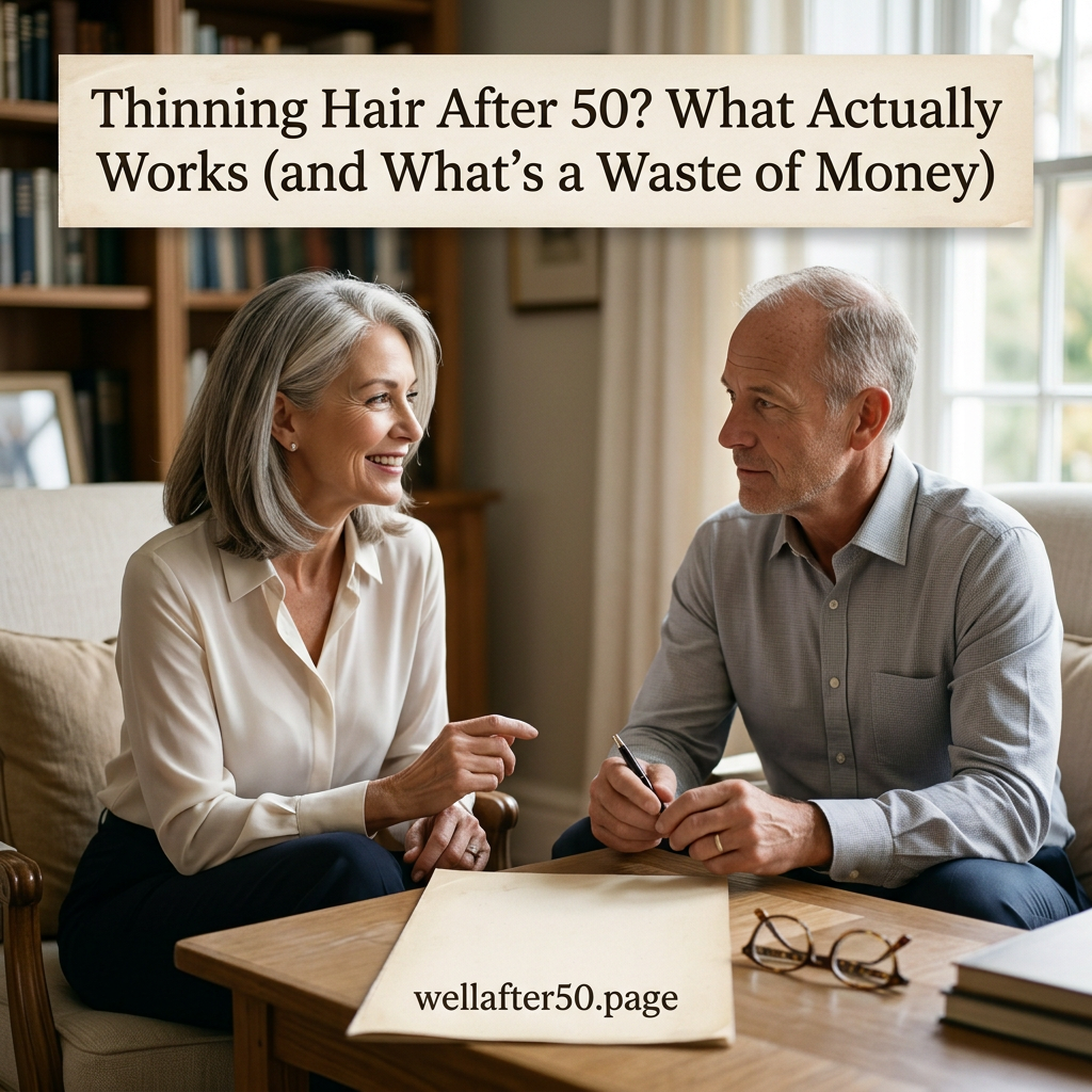 Man and woman in their 60s talking about thinning hair treatments
